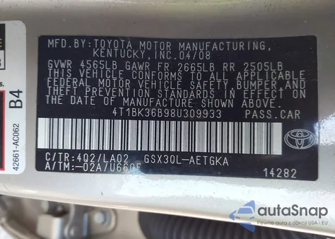 2008 Toyota Avalon Xls from USA, damaged, VIN 4T1BK36B98U309933